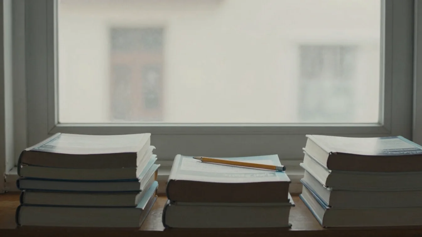 Editorial documentary photograph, soft natural daylight through a window onto a stack of closed books and a pencil, mute
