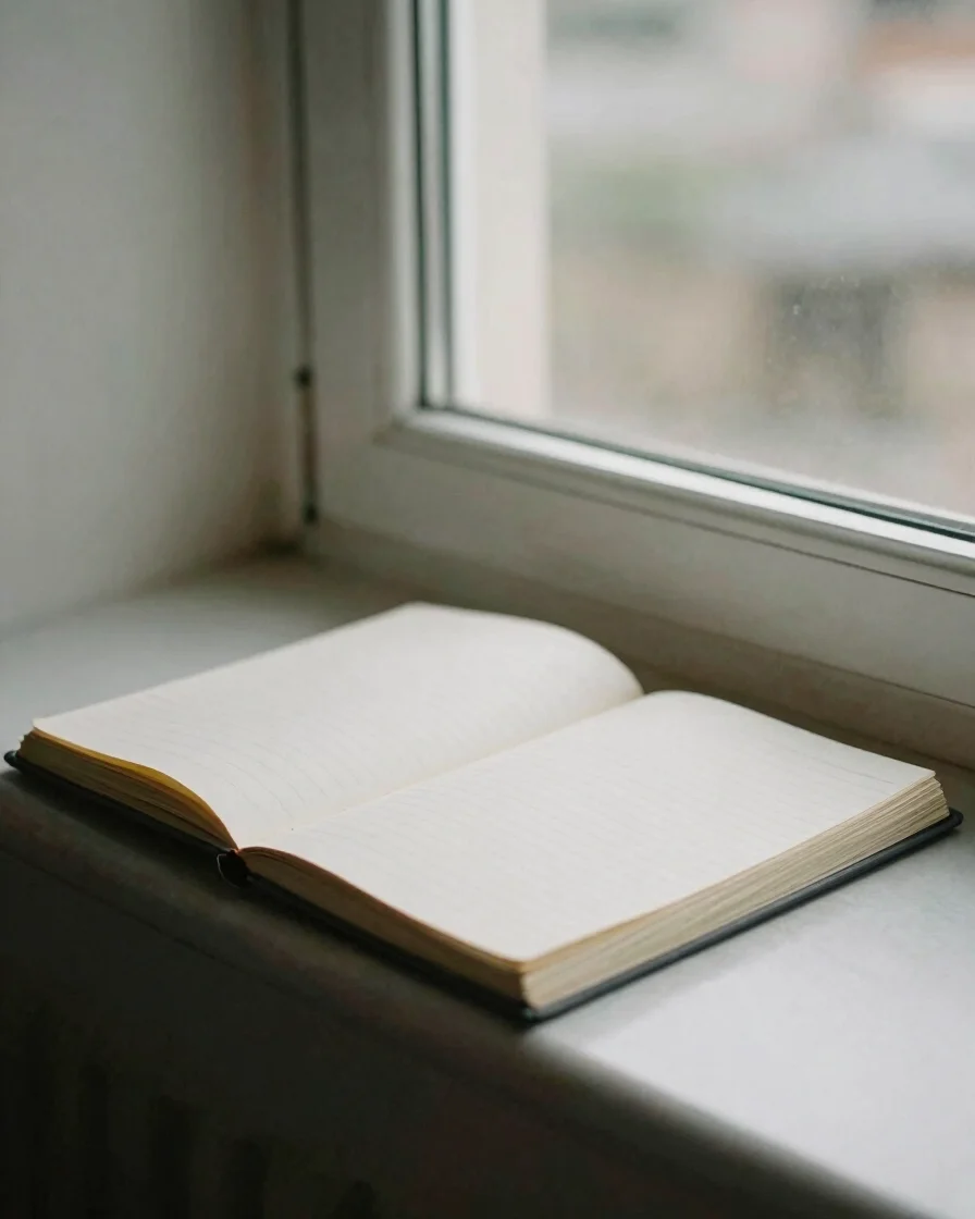 Editorial documentary photograph of an open notebook beside a win